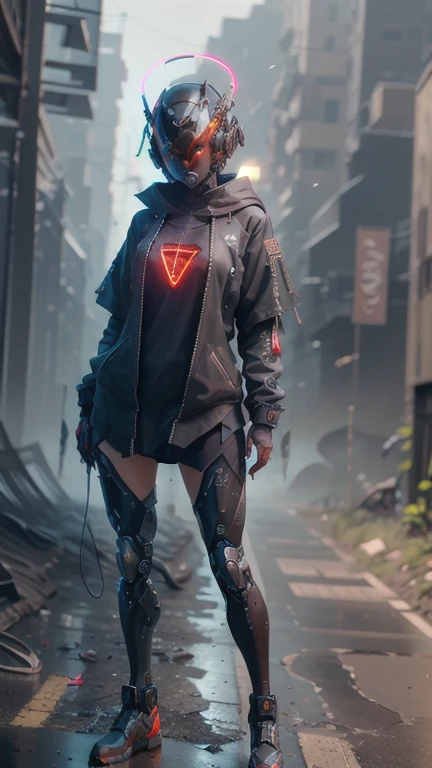 obra maestra, mejor calidad, a closeup of a futuristic looking cyborg girl with a fantastic cyber helmet head with red triangular LED lights and a halo, vestido con una chaqueta Techwear negra, cuerpo entero fondo blanco