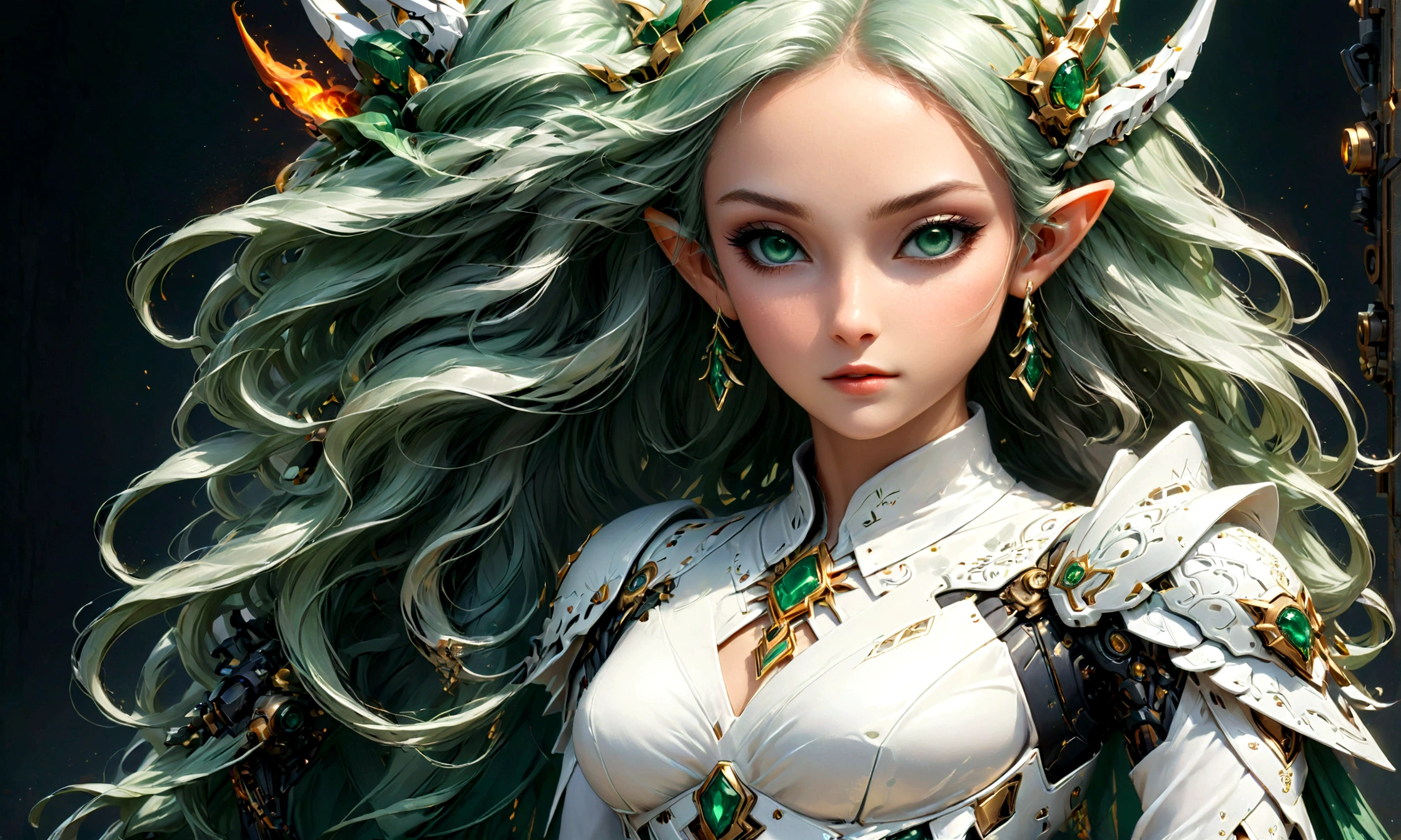 Arafed, a portrait of an elf woman, exotic beauty, long hair, dynamic color, (emerald green eyes), glamour shot, she wears an (white: 1.3) elegant suit, she has some mecha parts, 16k, ultra detailed, masterpiece, best quality, (extremely detailed), arafed, dnd art, phoenix dress