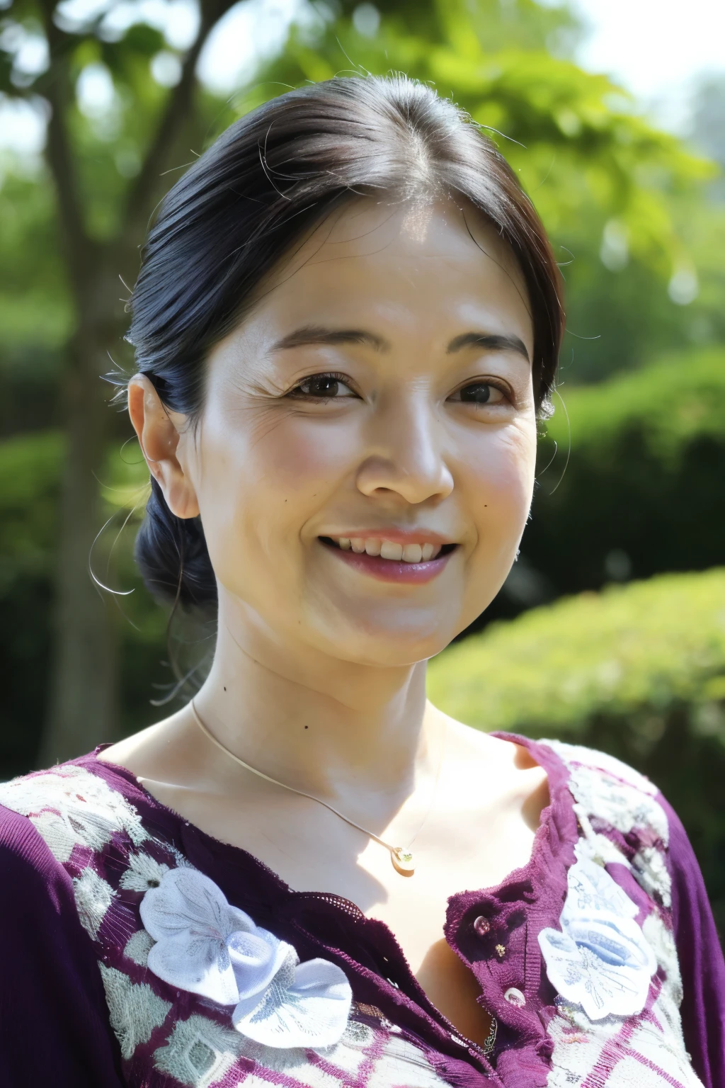 最high quality, In 8K, Masseter muscle area, Lifelike, Sharp focus, high quality, High resolution, Detailed face, Detailed eyes, Thick lips, (Look at the viewers), solo, Middle-aged women, Beautiful woman, 55 years old, plum, Beautifully styled hair, Cleavage, Wearing a plain short-sleeved knit, Afternoon in front of the park garden, Wrinkles around the eyes, Toothy smile