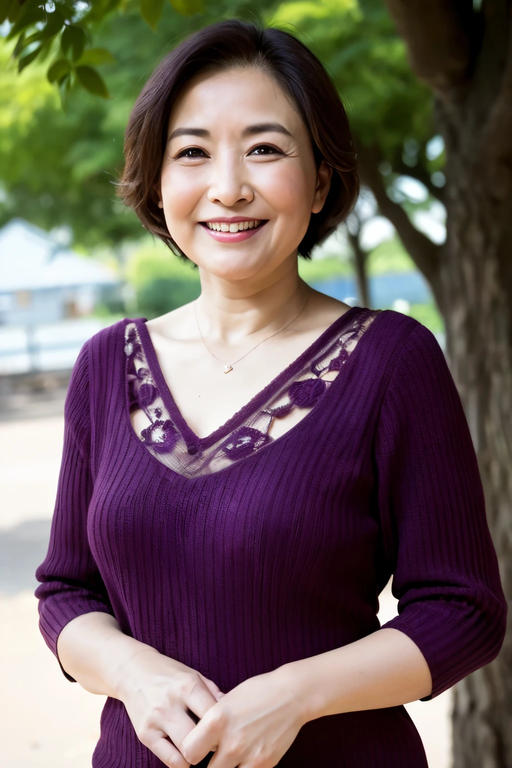 最high quality, In 8K, Masseter muscle area, Lifelike, Sharp focus, high quality, High resolution, Detailed face, Detailed eyes, Thick lips, (Look at the viewers), solo, Middle-aged women, Beautiful woman, 55 years old, plum, Beautifully styled hair, Cleavage, Wearing a plain short-sleeved knit, Afternoon in front of the park garden, Wrinkles around the eyes, Toothy smile