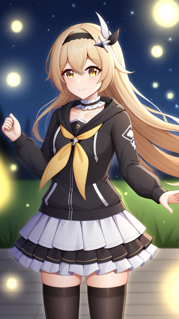1girl, firefly \(honkai: star rail\), solo, black thighhighs, hairband, gradient skirt, hair ornament, blouse, frilled collar, hoodie, yellow neckerchief, standing, floating hair, depth of field, light smile, bokeh, fireflies, night , masterpiece, best quality, high quality, highres, ultra-detailed