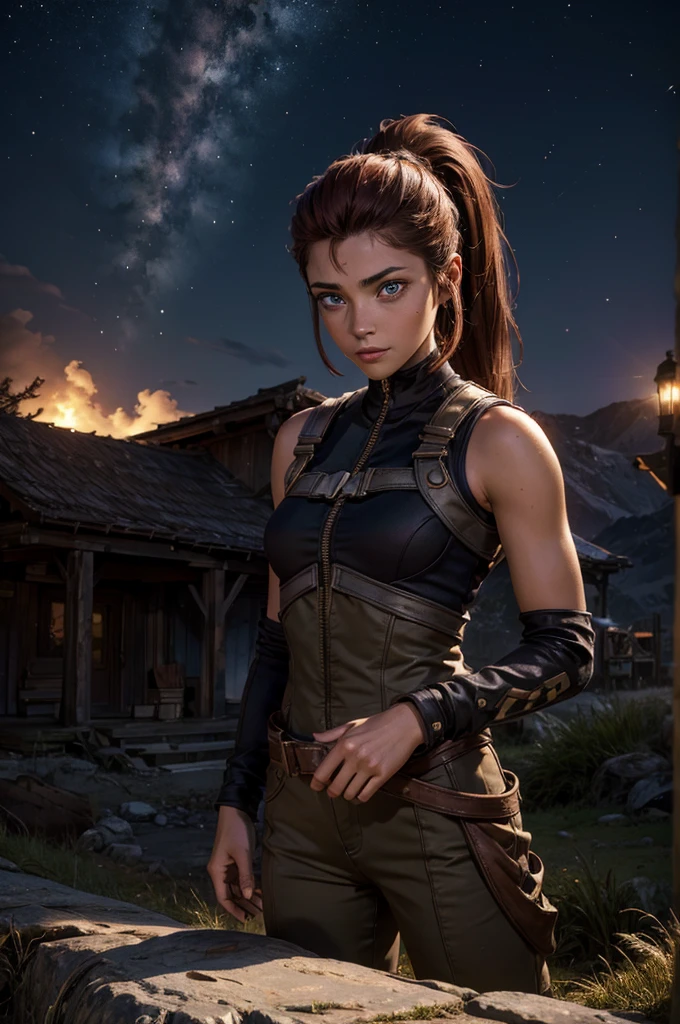 
iliaamitola, ilia amitola, smile, long hair, blue eyes, brown hair, ponytail, dark skin, dark-skinned female, BREAK bare shoulders, bodysuit, hands on hips,  BREAK night, stars, moon, old mine entrance on hill, in valley, mountains in background, waterfall, bonfires, wrecked vehicles, crowd, (crowd in military dress), post-apocalypse, dystopian future, crowd, (crowd in military uniforms), (volumetric lighting), best quality, masterpiece, intricate details, tonemapping, sharp focus, hyper detailed, BREAK looking at viewer, (cowboy shot:1.5), BREAK (masterpiece:1.2), best quality, high resolution, unity 8k wallpaper, (illustration:0.8), (beautiful detailed eyes:1.6), extremely detailed face, perfect lighting, extremely detailed CG, (perfect hands, perfect anatomy), 
