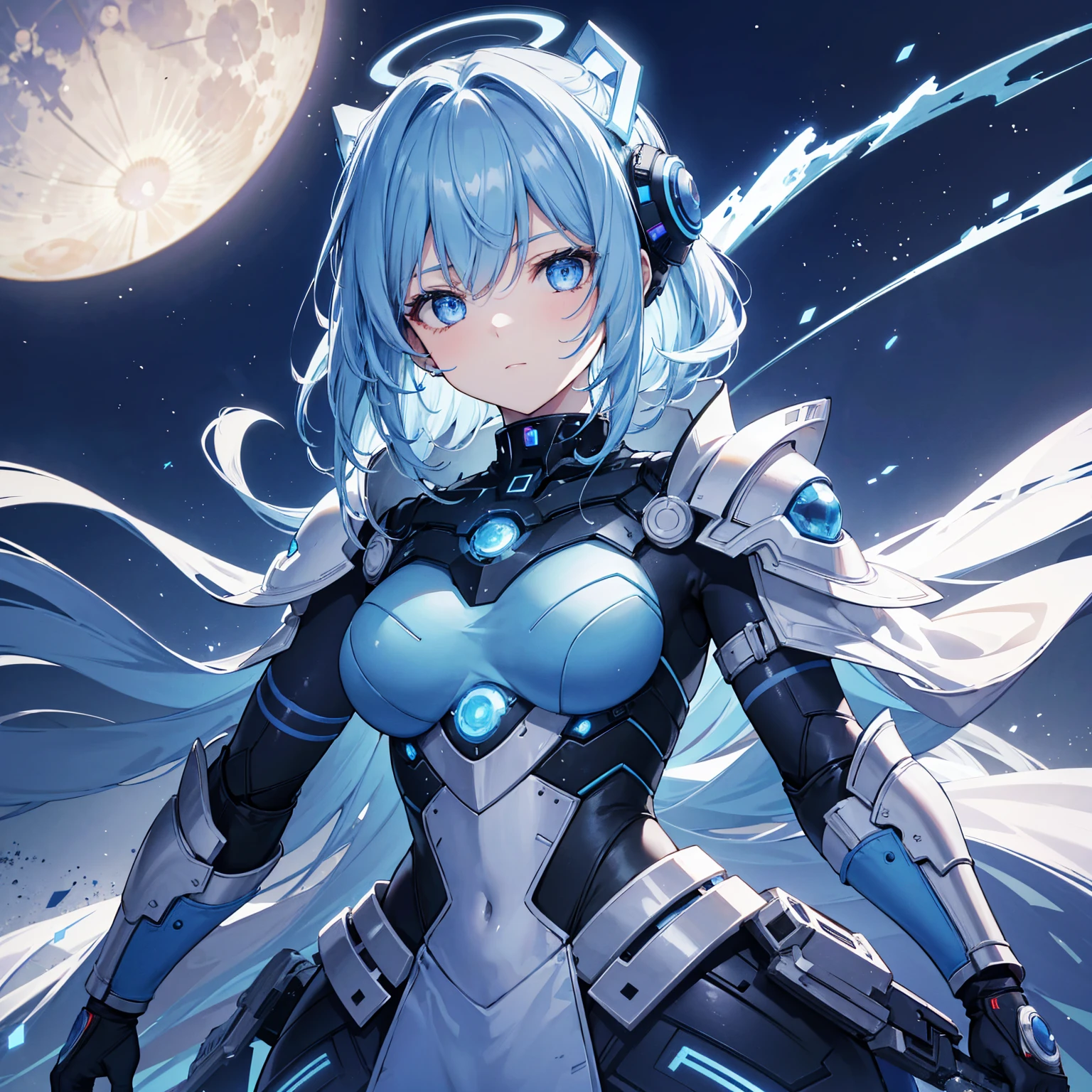 8k, highest quality, (real:1.4), Original photo, 1 girl, Asari Hair, Biological Amplifier, refined armor, posture: Peace talks between warring factions,attention arousal, smart blue eyes,Blue big moon and blue light swirl in the background,Blue halo,