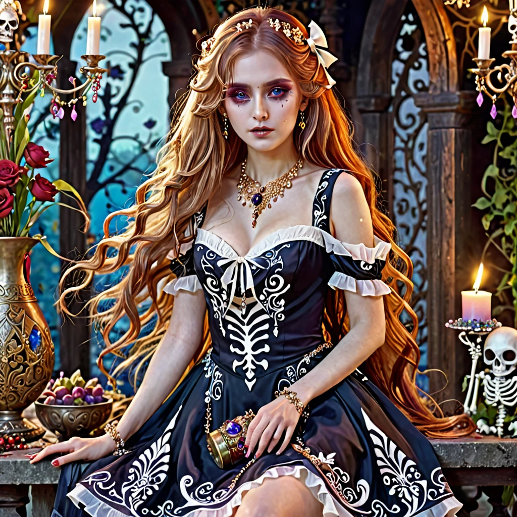 1 girl, long bloody hair, seductive eyes, mysterious expression, mature appearance, charming dress, flowing short dress, elegant jewelry, intricate decoration, magic symbols, glowing accessories, potions, scrolls, cute accents, bows, ribbons, flowers, birds, skeleton