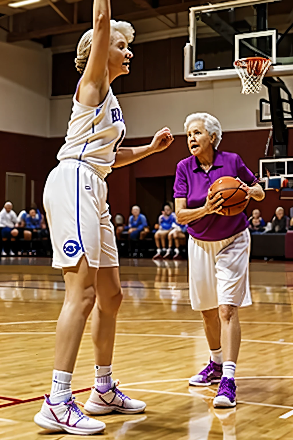 Granny scoring in basketball, but the ball is a ball of white yarn, and the granny and the ball are on fire