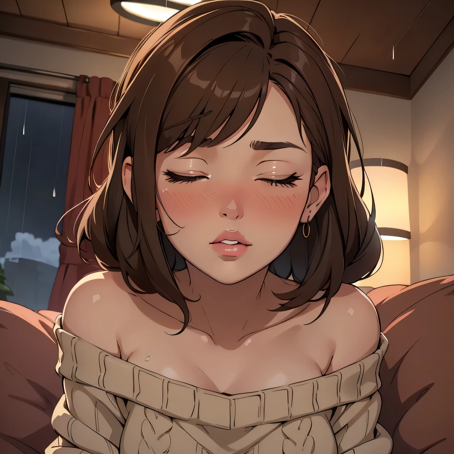 Amazing portrait of a sexy and cute woman who is your best friend's sister who is alone at her home having a late night gaming session with her brown hair in a short bob style with soft eyes and parted lips with a deep blush wearing an off shoulder oversized grey sweater sitting on a couch during night time and it's raining outside with warm lighting inside