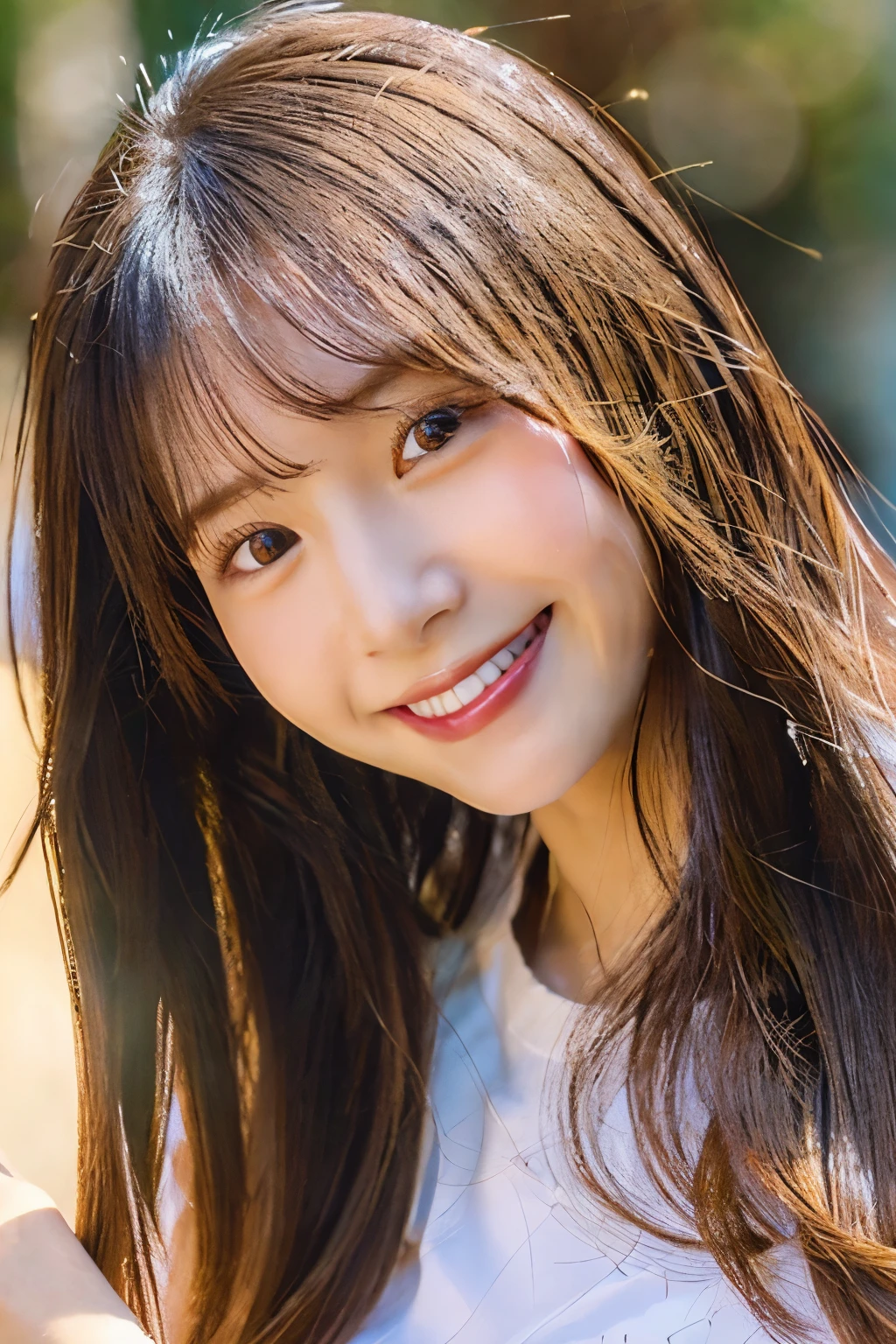 (in 8K、top-quality、​masterpiece:1.2)、One woman、(Smiling smile:1.1)、beautidful eyes、Valley、The upper part of the body、length hair、Like a boy、Longhaire、Gold View、