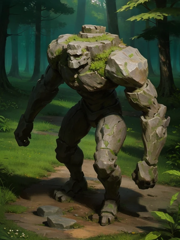 fantasy, full body illustration of a non-human stone golem ready for battle, stone body, stone face, stone hands, stone arms, small, skinny and thin, vegetation growing on top of it, high detail, intricate details, ultra high resolution, sharp focus, HD, 8k, forest background