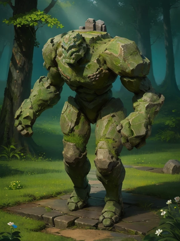 fantasy, full body illustration of a non-human stone golem ready for battle, stone body, stone face, stone hands, stone arms, small, skinny and thin, vegetation growing on top of it, high detail, intricate details, ultra high resolution, sharp focus, HD, 8k, forest background