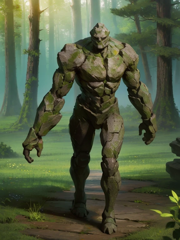 fantasy, full body illustration of a non-human stone golem ready for battle, stone body, stone face, stone hands, stone arms, small, skinny and thin, vegetation growing on top of it, high detail, intricate details, ultra high resolution, sharp focus, HD, 8k, forest background