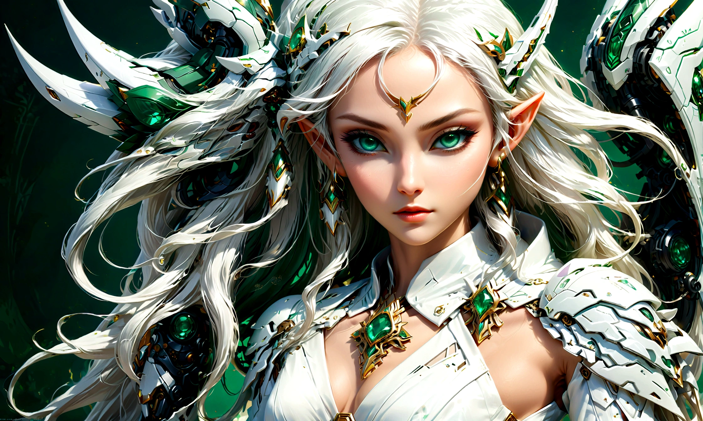 Arafed, a portrait of an elf woman, exotic beauty, long hair, dynamic color, (emerald green eyes), glamour shot, she wears an (white: 1.3) elegant suit, she has some mecha parts, 16k, ultra detailed, masterpiece, best quality, (extremely detailed), arafed, dnd art, phoenix dress