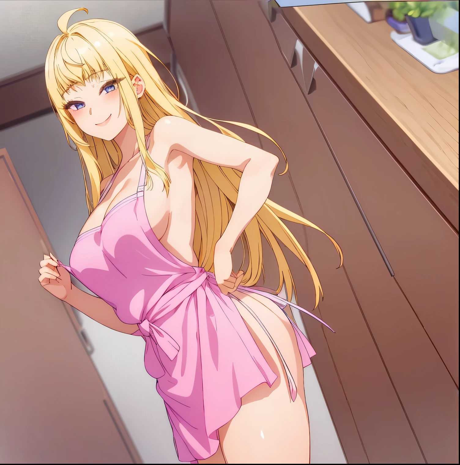 1 girl, alone, Minami fuyuki, ahoge, alone, blonde hair, smile, partially nude, pink apron, bare back, cleavage, bare legs, home, kitchen, standing, dynamic pose, hands on hips dynamic angle, large breasts, medium waist, wide hips, wide thighs, (high resolution: 1.2), (ultra detailed: 1.2), [high dynamic range lighting], (masterpiece: 1.3), (best quality), high quality, intricate details, (extremely detailed CG unity 8k wallpaper: 1.2), best shadow, (extremely detailed fine touch: 1.2), (high resolution), (8K), (extremely detailed), 1girl,solo,looking at viewer, looking back, from behind, focus on ass, pov (from below, (pixiv), perfect face, pretty eyes and face, (super detailed), detailed face and eyes, textured skin, absurdities, high resolution, deep skin, skindentation, excellent hands, excellent anatomy