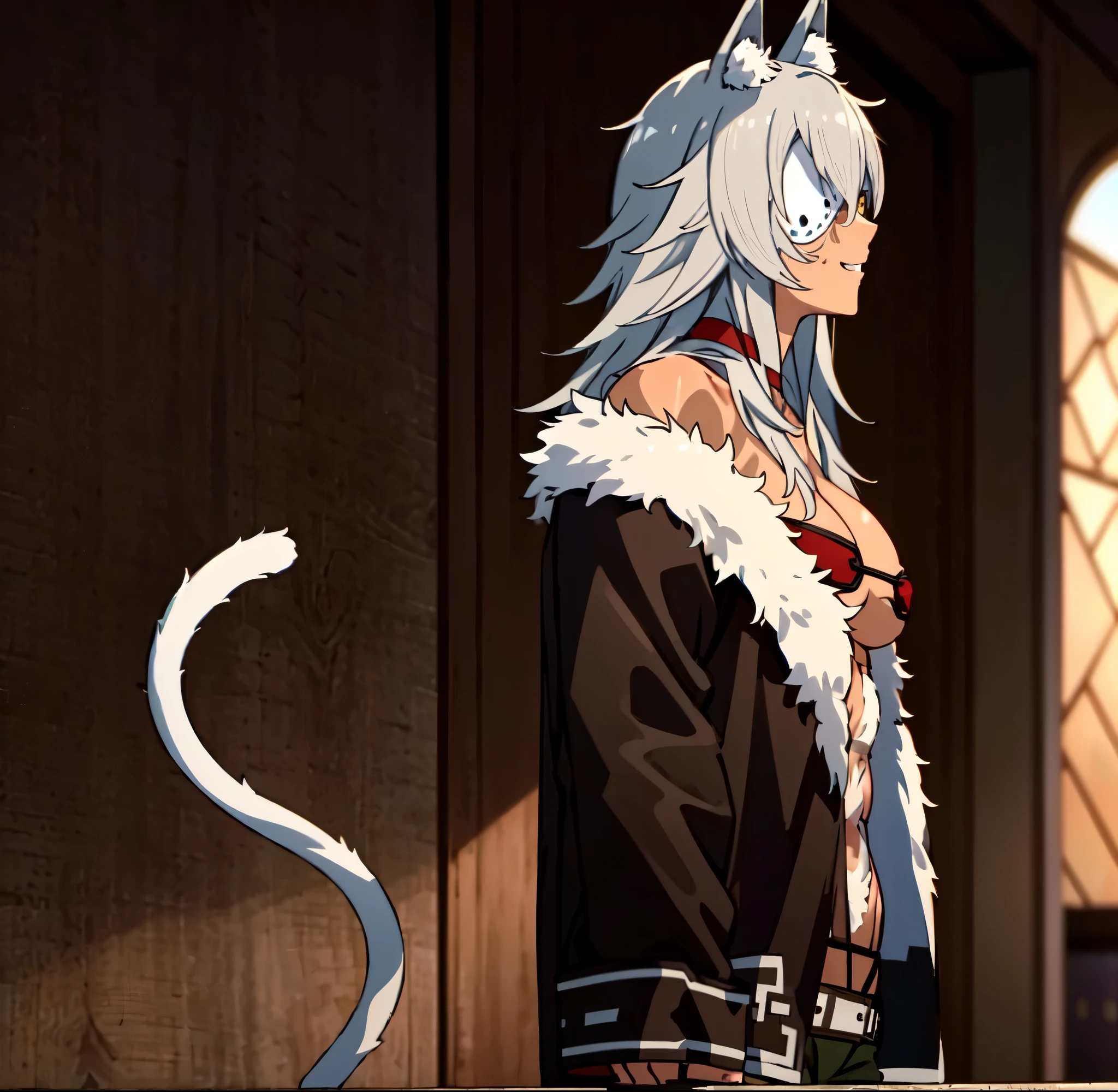 gray hair, gray long hair, ((yellow eyes)), eye patch, (((muscular))), (big breasts), happy, (tanned skin), (((black clothes))), sexy, Ghislaine Dedoldia of Mushoku Tensei, fur-trimmed jacket, green pants, open fly, open belt, bikini top only, red choker, cat ears