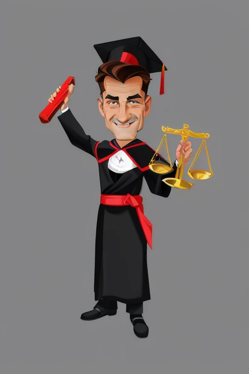 cartoon character of a man in a graduation gown holding a scale and a gavel, lawyer, digitally painted, wearing an academic gown, dressed as a Judge's robes, in cartoon style, caricatural style, show rendering, Judge, editorial illustration, professional illustration, cel shaded!!!, caricature illustration, stylized digital illustration, kurdish lawyer, professional illustration