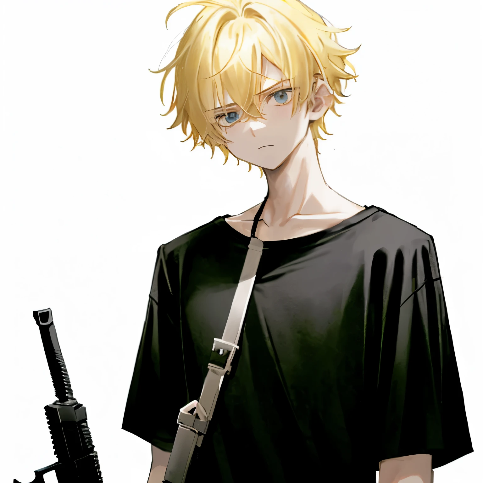 1boy, blonde_medium_hair, asymmetrical_bangs, black__loose_t-shirt, white_satchel_with_weapons, looking_down_at_viewer, bright_background