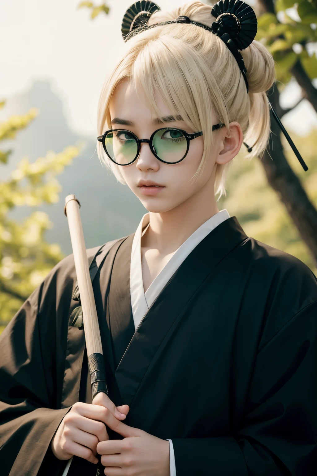 a boy with blond hair and tied with a samurai bun with 2 sticks in his hair, wearing a black and baggy outfit with white skin and green eyes and round black glasses


