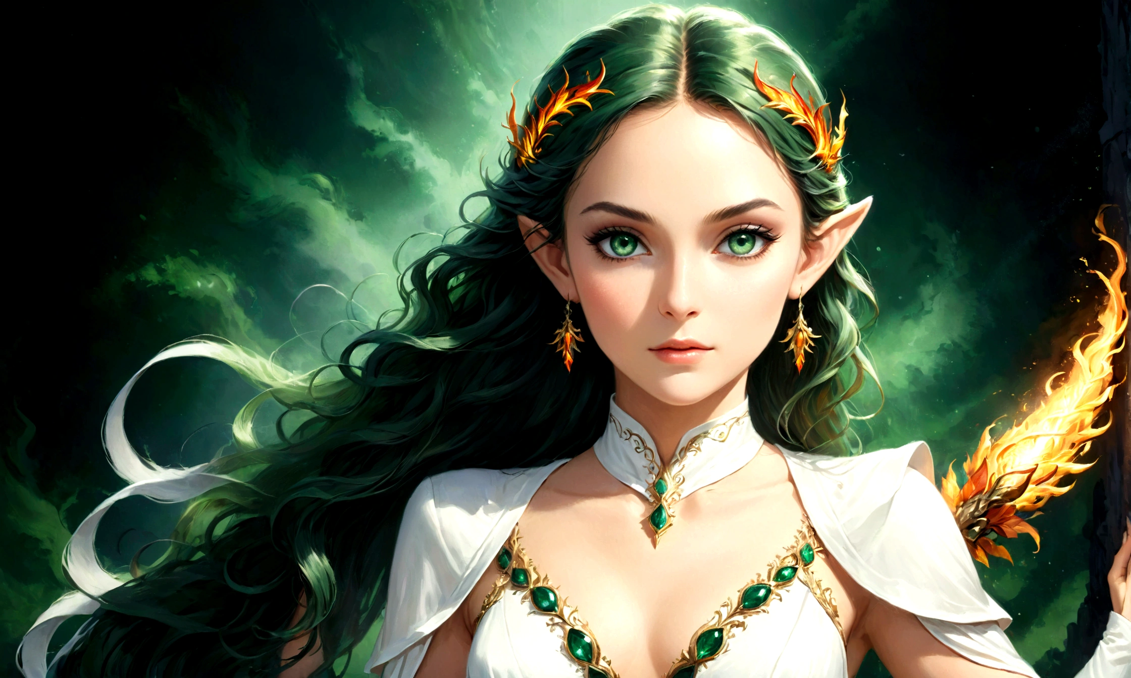 Arafed, a portrait of an elf woman, exotic beauty, long hair, dynamic color, (emerald green eyes), glamour shot, she wears an (white: 1.3) elegant suit, 16k, ultra detailed, masterpiece, best quality, (extremely detailed), arafed, dnd art, phoenix dress