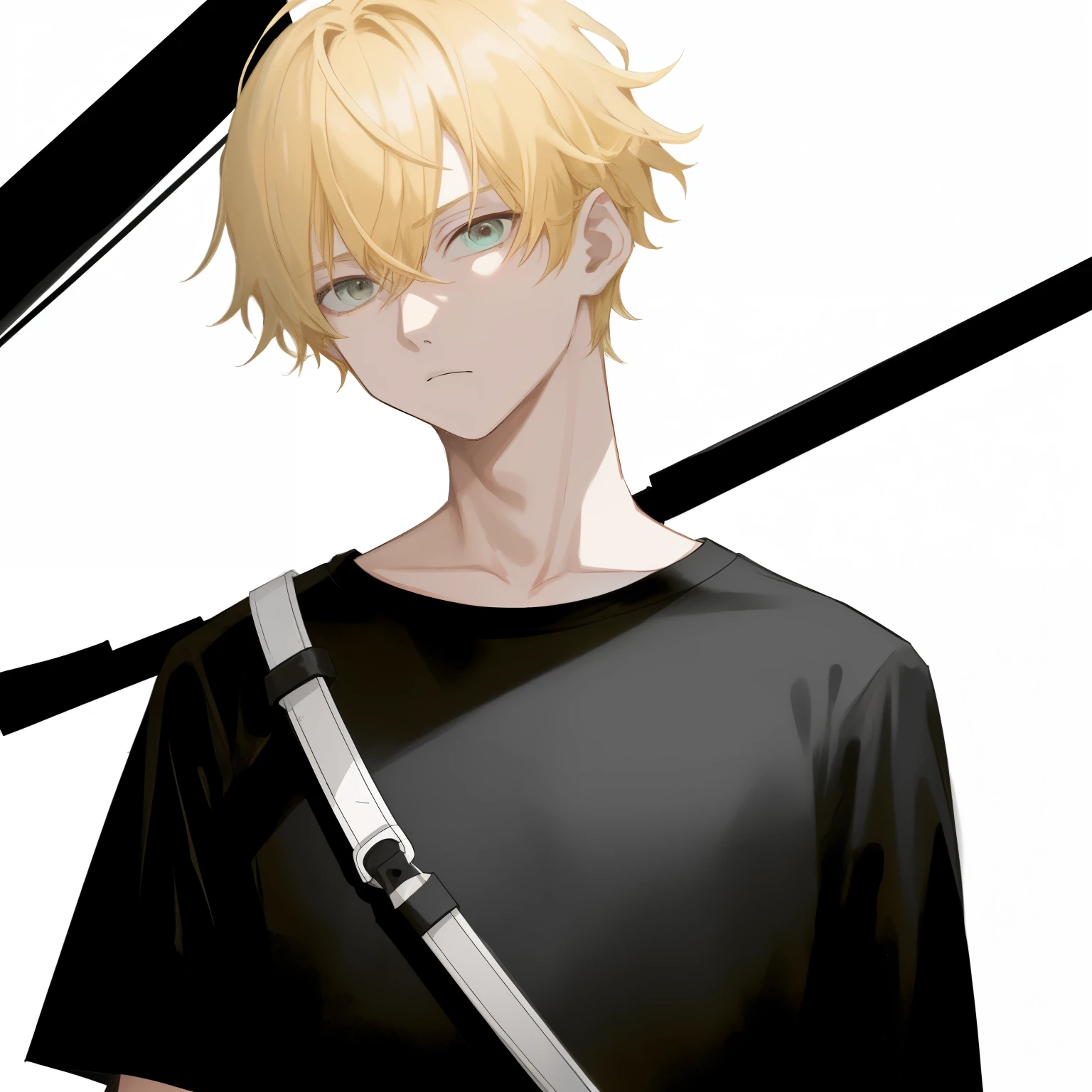 1boy, blonde_medium_hair, asymmetrical_bangs, black__loose_t-shirt, white_satchel_with_weapons, looking_down_at_viewer, bright_background