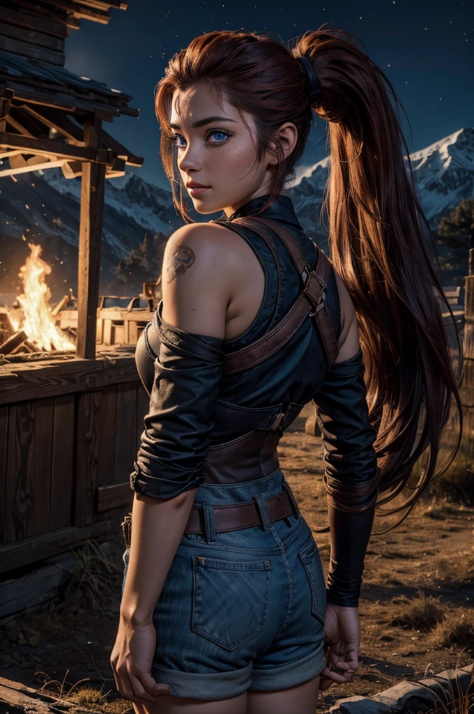 
iliaamitola, ilia amitola, smilling, long hair, blue eyes, brown hair, ponytail, dark skin, dark-skinned female, BREAK bare shoulders, bodysuit, back pack, BREAK night, stars, moon, old mine entrance on hill, in valley, mountains in background, waterfall, bonfires, wrecked vehicles, crowd, (crowd in military dress), post-apocalypse, dystopian future, crowd, (crowd in military uniforms), (volumetric lighting), best quality, masterpiece, intricate details, tonemapping, sharp focus, hyper detailed, BREAK looking at viewer, (cowboy shot:1.5), BREAK (masterpiece:1.2), best quality, high resolution, unity 8k wallpaper, (illustration:0.8), (beautiful detailed eyes:1.6), extremely detailed face, perfect lighting, extremely detailed CG, (perfect hands, perfect anatomy), 
