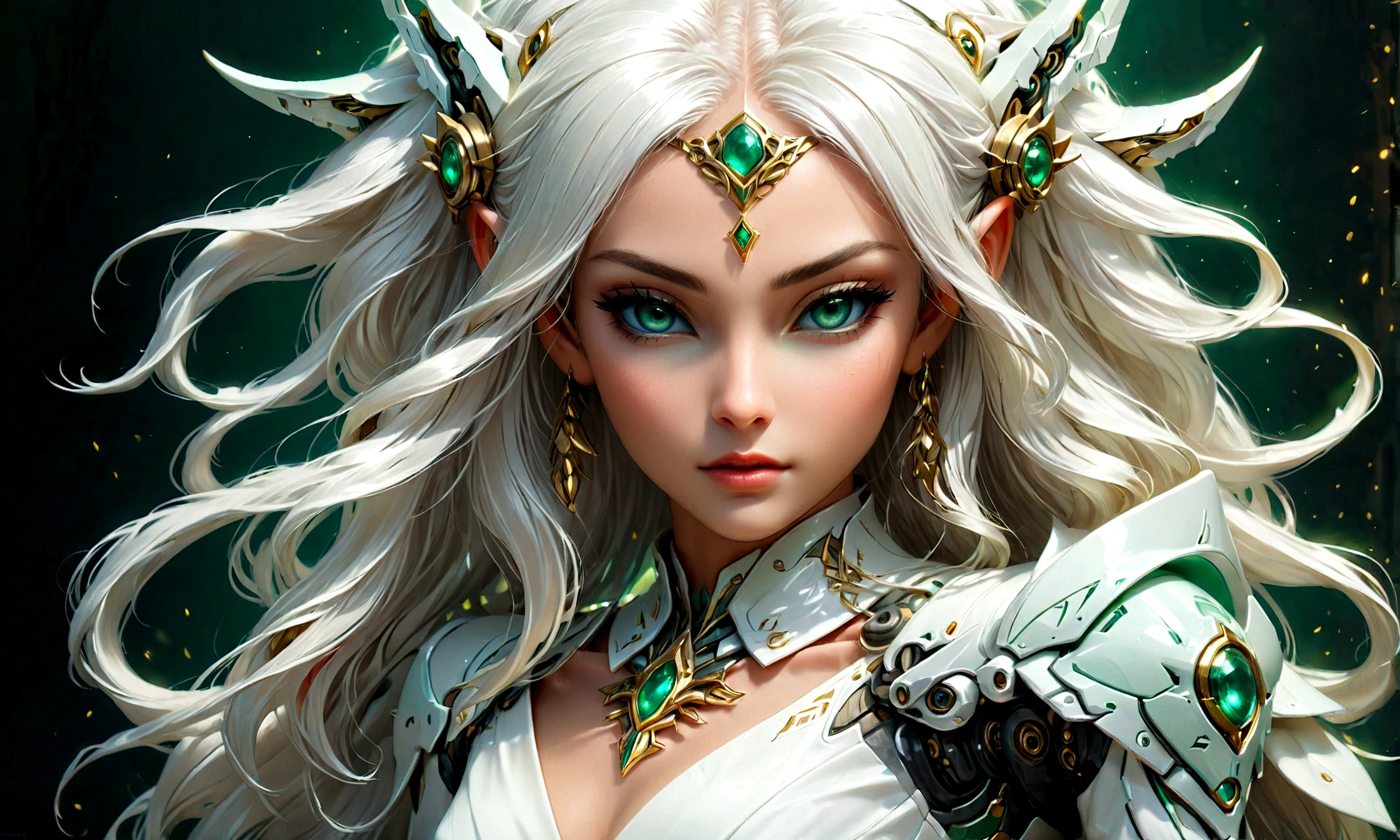 Arafed, a portrait of an elf woman, exotic beauty, long hair, dynamic color, (emerald green eyes), glamour shot, she wears an (white: 1.3) elegant suit, she has some mecha parts, 16k, ultra detailed, masterpiece, best quality, (extremely detailed), arafed, dnd art, FireMagicAI
