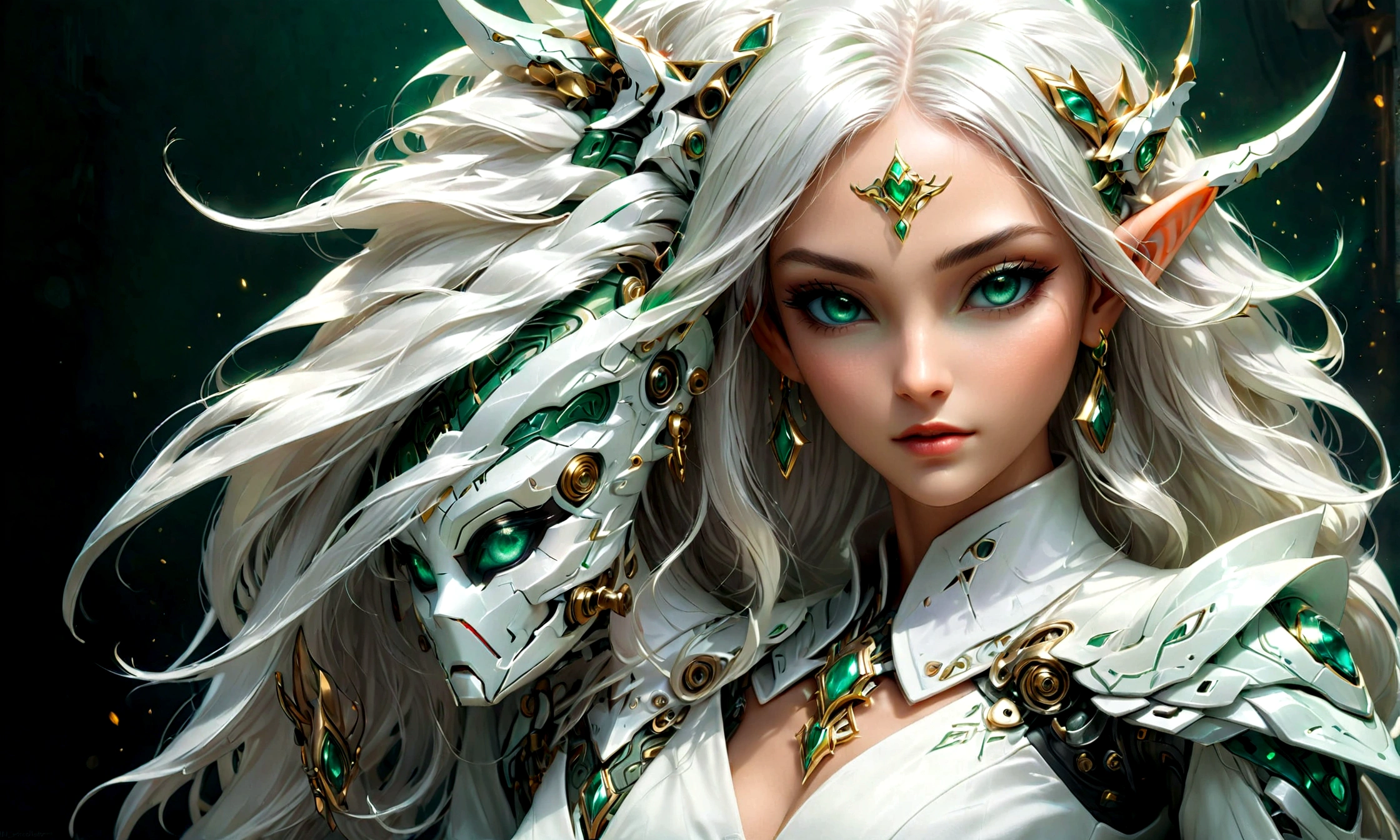 Arafed, a portrait of an elf woman, exotic beauty, long hair, dynamic color, (emerald green eyes), glamour shot, she wears an (white: 1.3) elegant suit, she has some mecha parts, 16k, ultra detailed, masterpiece, best quality, (extremely detailed), arafed, dnd art, FireMagicAI