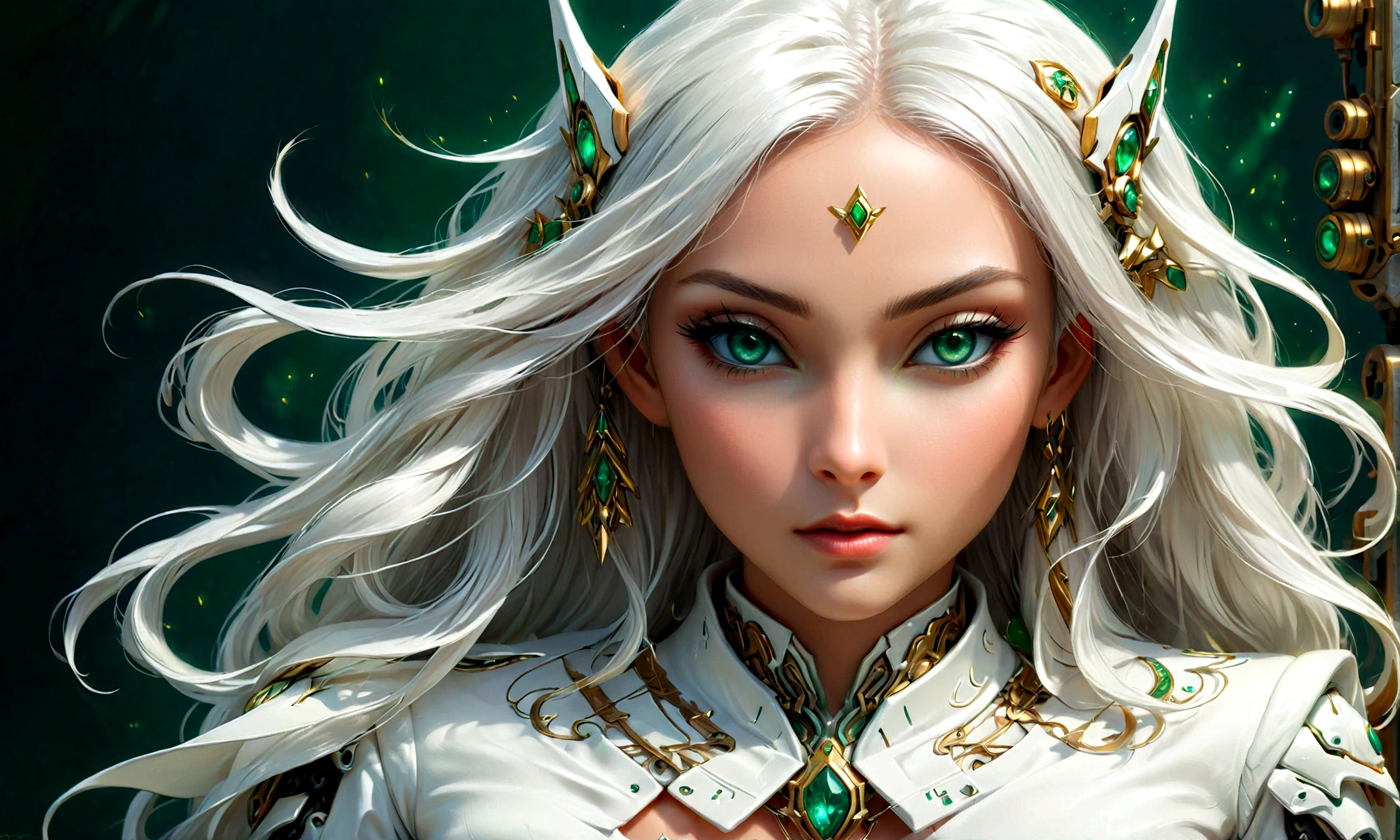 Arafed, a portrait of an elf woman, exotic beauty, long hair, dynamic color, (emerald green eyes), glamour shot, she wears an (white: 1.3) elegant suit, she has some mecha parts, 16k, ultra detailed, masterpiece, best quality, (extremely detailed), arafed, dnd art, FireMagicAI