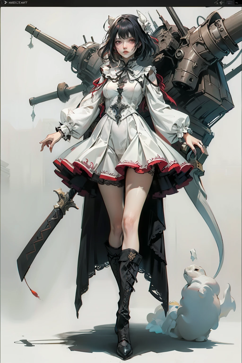 ((best quality)), ((masterpiece)), (detailed), blank white background, plain background, white background, red and white clothing, Bloodborne inspired, occult aesthetic, occult, detailed and intricate steampunk and detailed gothic, NSFW, Very dramatic and cinematic lighting, cosmic horror, grim-dark, side-lighting, perfect face, NSFW, Fluttering lace flared long knee length dress with frilly petticoats, knee length dress, pleated petticoats, ta dress, petticoats gothic lolicomplex lace boots, side-lighting, gothic lolita aetic, wielding a mighty sword, carbine, NSFW, beautiful small breasts, small breasts, full body, whole body, body, plain background, white background, blank background, no background, white background NSFW, full body, whole body, head-to-toe NSFW