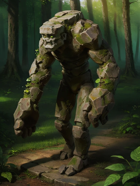 fantasy, full body illustration of a small non-human stone golem walking in the forest, stone body, stone face, stone hands, stone arms, small and cute, skinny and thin, vegetation growing on top of it, high detail, intricate details, ultra high resolution, sharp focus, HD, 8k, forest background