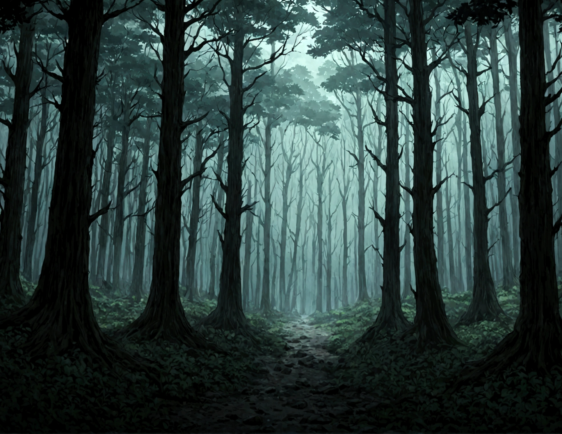Dark style forest scene Japanese anime style