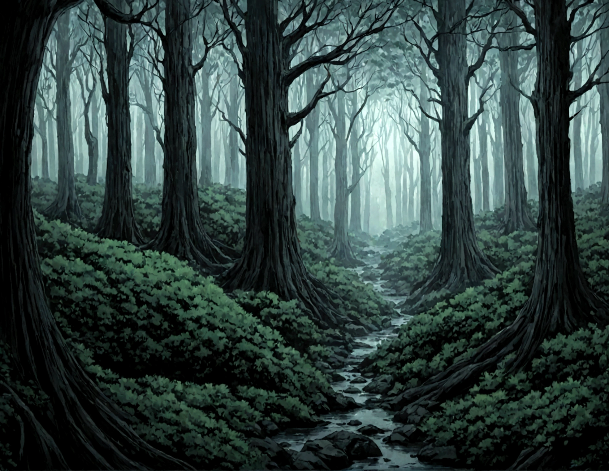 Dark style forest scene Japanese anime style