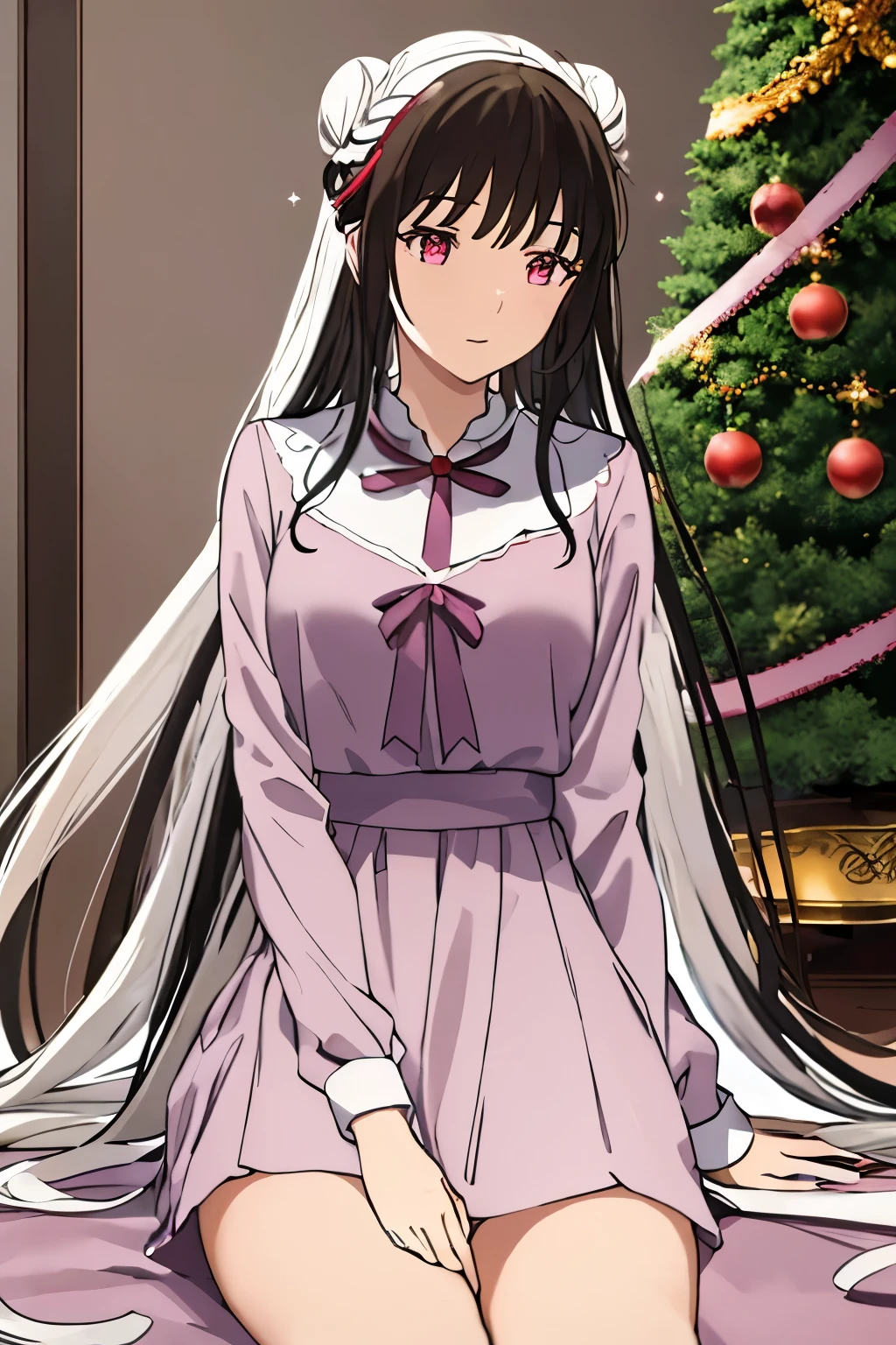 An enchanting image of Kuro no Tani Koko o Hoshi - a celestial maiden from the star Twins of the Northern Crown - gracefully posed indoors amidst a tranquil winter landscape. Her long, cascading silvery hair glimmers against the backdrop of a radiant Christmas tree, adorned with sparkling decorations that mirror the stars in her celestial home.

She wears a stunning red Christmas dress draped elegantly over her perfect form, accentuated with candy cane stockings and a matching red headband adorned with twinkling white stars. A delicate red ribbon ties her hair neatly into a loose bun,