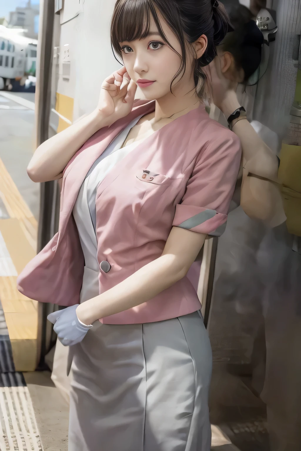 (masterpiece:1.2, highest quality:1.2), 32K HDR, High resolution, (alone、1 girl)、(On the rooftop of a building in the daytime、Professional Lighting)、Building rooftop background、(Nankai train crew uniform pinkを着たリアルスタイル)、(Nankai train crew uniform pink short sleeve pink jacket、Nankai Train Crew Uniform Pink Collarless Short Sleeve Blouse、Nankai Train crew uniform pinkのグレー色のキュロットスカート)、Dark brown hair、(Hair tied up、Hair Bun、Hair Bun)、Dark brown hair、Long Shot、Big Breasts、Thin legs、((Great hands:2.0)),((Harmonious body proportions:1.5)),((Normal limbs:2.0)),((Normal finger:2.0)),((Delicate eyes:2.0)),((Normal eyes:2.0)))、smile、(Nankai Train crew uniform pinkのグレー色のキュロットスカートを見せた美しい歩く姿)、Keep your hands natural、