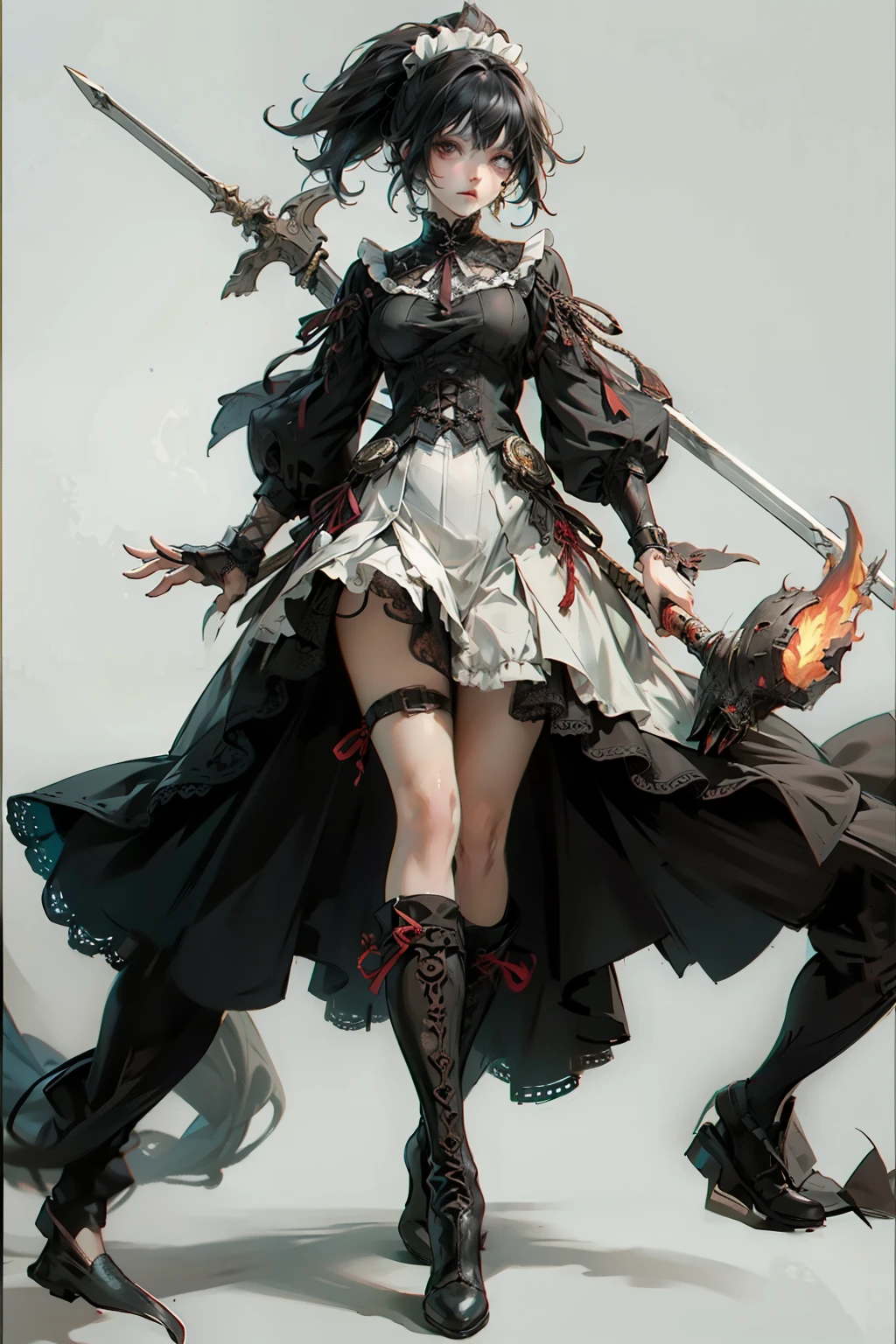 ((best quality)), ((masterpiece)), (detailed), blank white background, plain background, white background, red and white clothing, Bloodborne inspired, occult aesthetic, occult, detailed and intricate steampunk and detailed gothic, NSFW, Very dramatic and cinematic lighting, cosmic horror, grim-dark, side-lighting, perfect face, NSFW, Fluttering lace flared long knee length dress with frilly petticoats, knee length dress, pleated petticoats, ta dress, petticoats gothic lolicomplex lace boots, side-lighting, gothic lolita aetic, wielding a mighty sword, carbine, NSFW, beautiful small breasts, small breasts, full body, whole body, body, plain background, white background, blank background, no background, white background NSFW, full body, whole body, head-to-toe NSFW