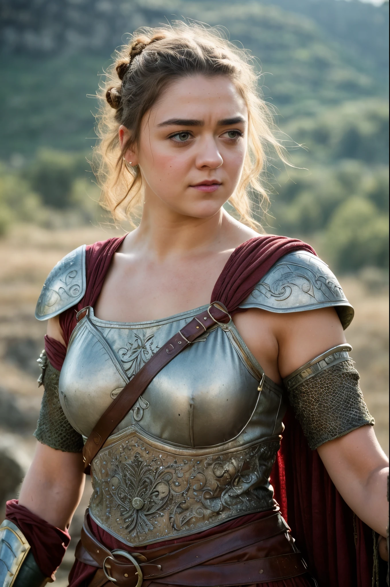 Foto RAW, Arya Stark, Stunning Beauty, Ravishing, Enchantress, Extremely gorgeous lady, Arya Stark PLAYED BY MAISIE WILLIAMS, Queen Arya Stark, she  a mature woman now, milf, sexy mediaeval battle dress, gladiator woman, body, 40 years old Woman, Roman slave dress, cotton dress, busty mediaeval costumes, body revealing costumes, perky breast, big natural breast, erotic costumes, lusty physique, seductive figure can capture every people's attention, Game of thrones costumes, revealing captivating figure, Mediaeval costumes, revealing clothes, A tomboy, she would rather fence than dance, warrior queen , game of thrones screen caps, Game of Thrones Series, (pele altamente detalhada: 1.2), 8k UHD, DSLR, soft-lighting, alta qualidade, grain of film, Fujifilm XT3, flawless picture, highly detailed, detailed Beauty, intricate, 32k, sharp picture,