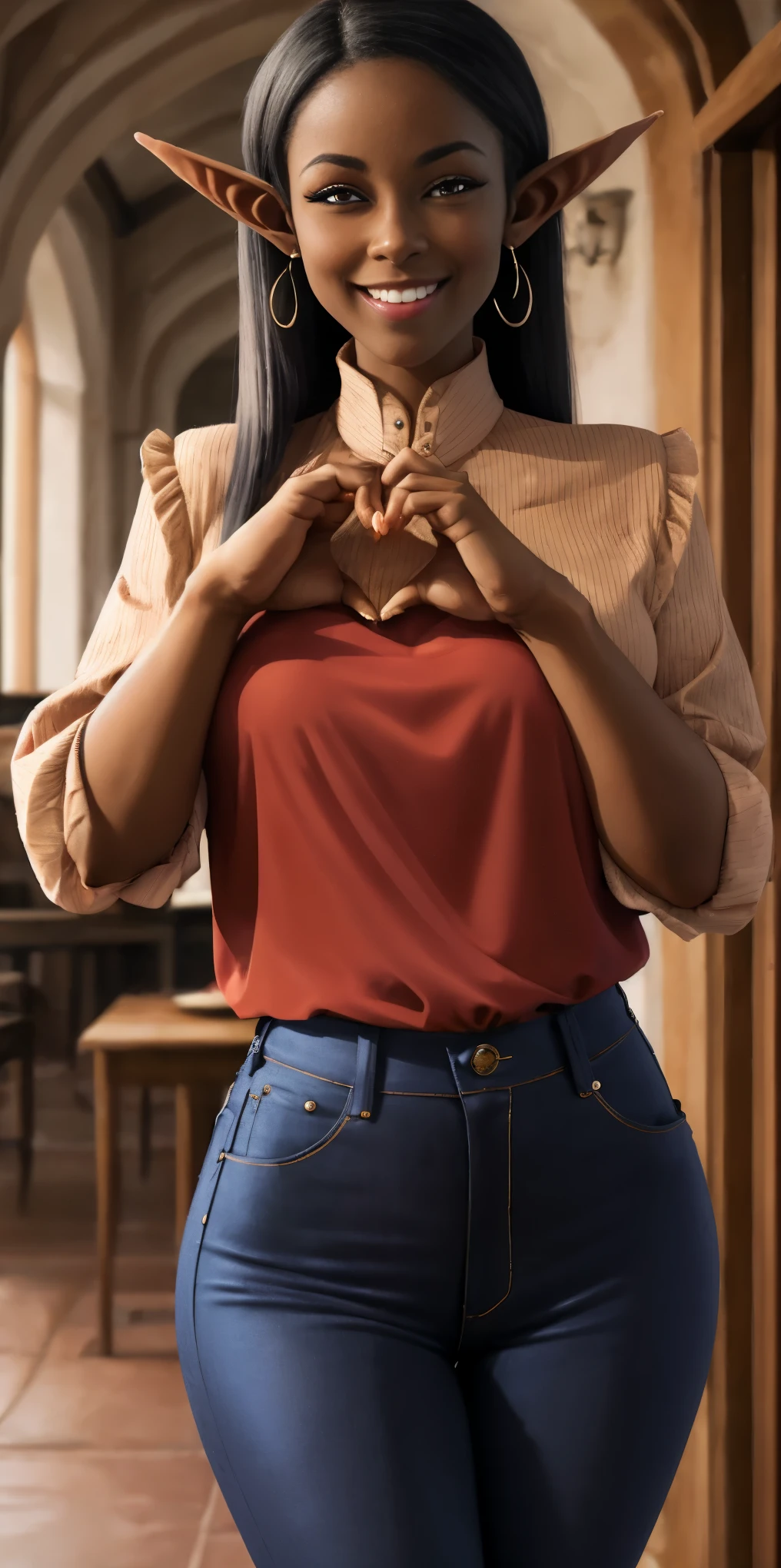 (heart hands, own hands together:1), mature female Pirotess Dark skin elf, blouse, smile, happy, Jeggings