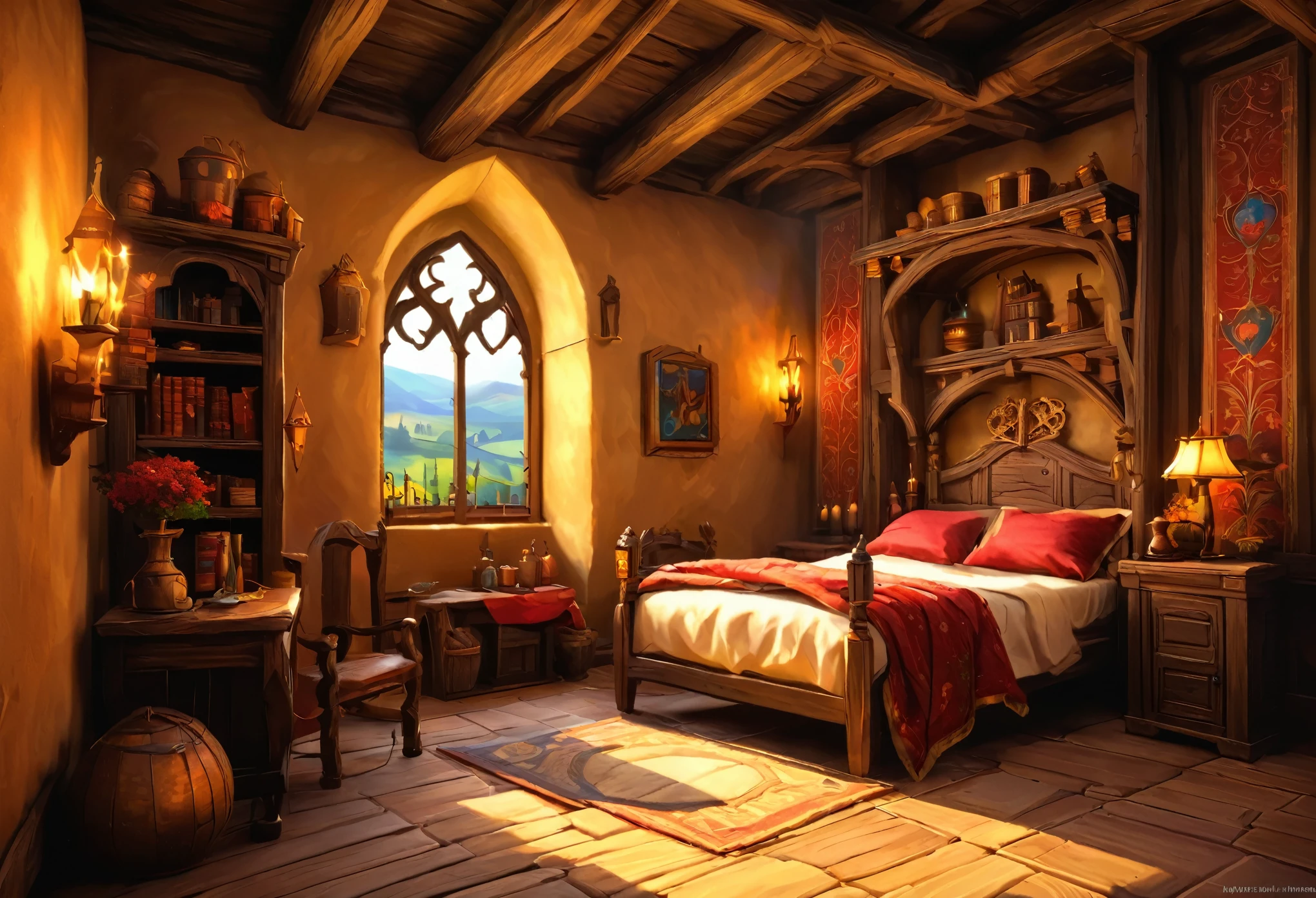 digital painting, азиатская location в помещении, location, location из игры в доме, in a room with a medieval style, medieval houses, in a big house from the world of MMORPG, игровая location, Warm colors, location в теплых тонах, игровая location, cute style, medieval game, большая location, glowing effects in the background, glow effects, colorful, No characters, no characters, только location, cute style, anime style, holiday, holiday ribbons,