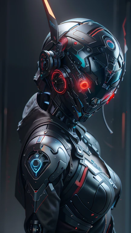 obra maestra, mejor calidad, a closeup of a futuristic looking cyborg girl with a fantastic cyber helmet head with red triangular LED lights and a halo, vestido con una chaqueta Techwear negra, cuerpo entero fondo blanco