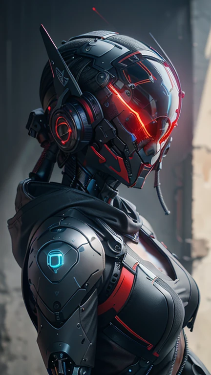 obra maestra, mejor calidad, a closeup of a futuristic looking cyborg girl with a fantastic cyber helmet head with red triangular LED lights and a halo, vestido con una chaqueta Techwear negra, cuerpo entero fondo blanco