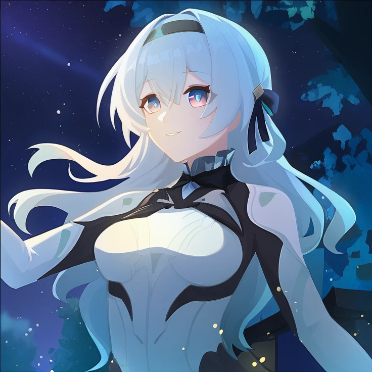 1girl, firefly \(honkai: star rail\), solo, hairband, hair ornament, pilot plugsuit, standing, floating hair, depth of field, hand on own chest, light smile, bokeh, fireflies, night, masterpiece, best quality, high quality, highres, ultra-detailed,