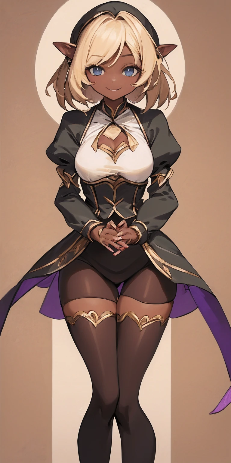 (heart hands, own hands together:1), mature female Pirotess Dark skin elf, blouse, smile, happy, Jeggings