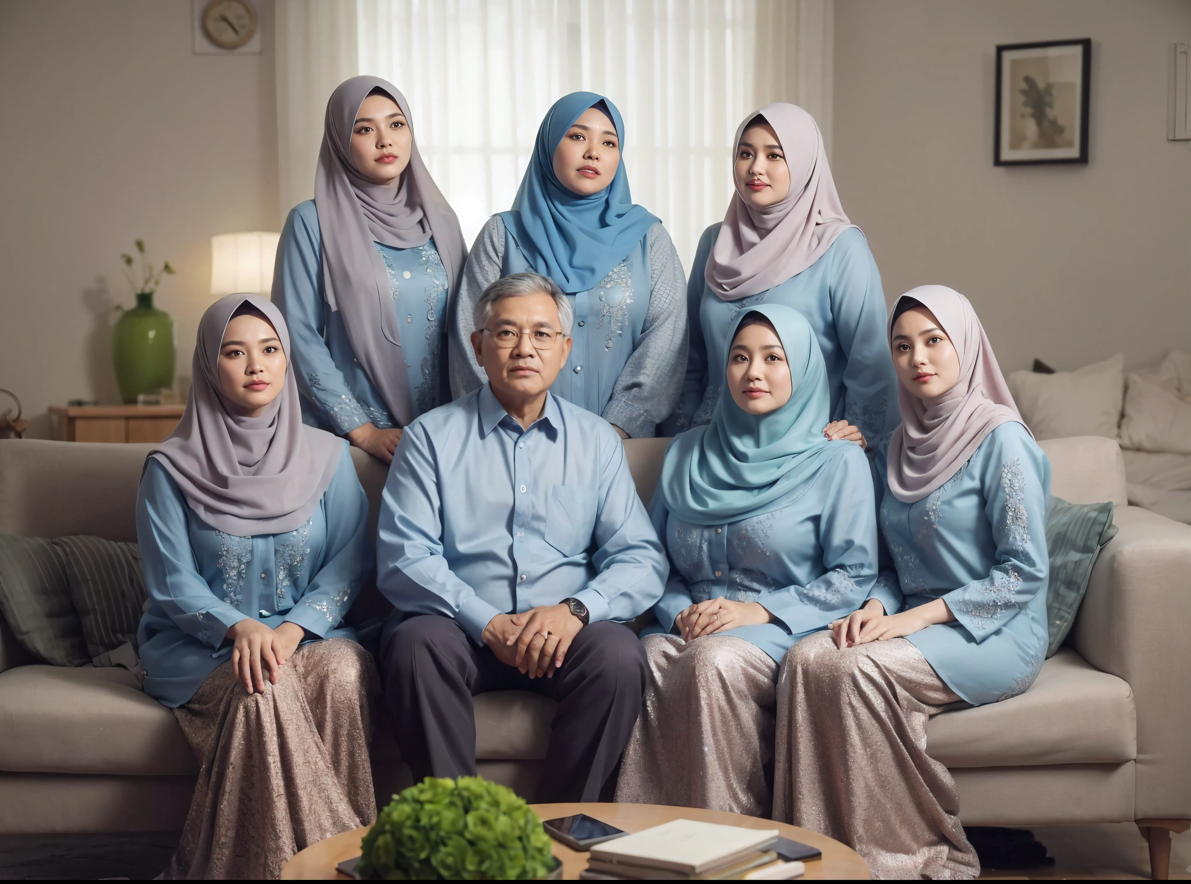 Family photo in Indonesia, seven members, father and mother aged 50 sitting on the sofa, five women standing behind the sofa, one chubby woman, they are wearing matching semi-formal blue collared shirts and sharia dress in the same color and coordination, wearing hijab, looking luxurious, realistic photo, living room background, daylight, green flower vase, detailed, best photography, UHD, 32k 