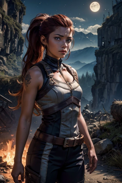 iliaamitola, ilia amitola, smilling, long hair, blue eyes, brown hair, ponytail, dark skin, dark-skinned female, BREAK bare shoulders, bodysuit, BREAK night, stars, moon, old mine entrance on hill, in valley, mountains in background, waterfall, bonfires, wrecked vehicles, crowd, (crowd in military dress), post-apocalypse, dystopian future, crowd, (crowd in military uniforms), (volumetric lighting), best quality, masterpiece, intricate details, tonemapping, sharp focus, hyper detailed, BREAK looking at viewer, (cowboy shot:1.5), BREAK (masterpiece:1.2), best quality, high resolution, unity 8k wallpaper, (illustration:0.8), (beautiful detailed eyes:1.6), extremely detailed face, perfect lighting, extremely detailed CG, (perfect hands, perfect anatomy),