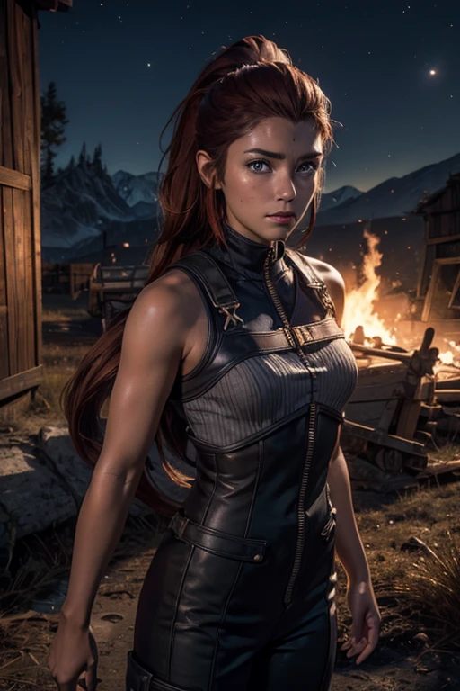 iliaamitola, ilia amitola, smilling, long hair, blue eyes, brown hair, ponytail, dark skin, dark-skinned female, BREAK bare shoulders, bodysuit, BREAK night, stars, moon, old mine entrance on hill, in valley, mountains in background, waterfall, bonfires, wrecked vehicles, crowd, (crowd in military dress), post-apocalypse, dystopian future, crowd, (crowd in military uniforms), (volumetric lighting), best quality, masterpiece, intricate details, tonemapping, sharp focus, hyper detailed, BREAK looking at viewer, (cowboy shot:1.5), BREAK (masterpiece:1.2), best quality, high resolution, unity 8k wallpaper, (illustration:0.8), (beautiful detailed eyes:1.6), extremely detailed face, perfect lighting, extremely detailed CG, (perfect hands, perfect anatomy),