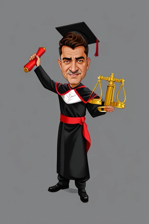 cartoon character of a man in a graduation gown holding a scale and a hammer, advogado, pintado digitalmente, wearing an academic dress, dressed as a Juiz's robes, em estilo cartoon, estilo caricatural, show render, Juiz, editorial illustration, professional illustration, Cel sombreado!!!, caricature illustration, stylized digital illustration, kurdish advogado, professional illustration