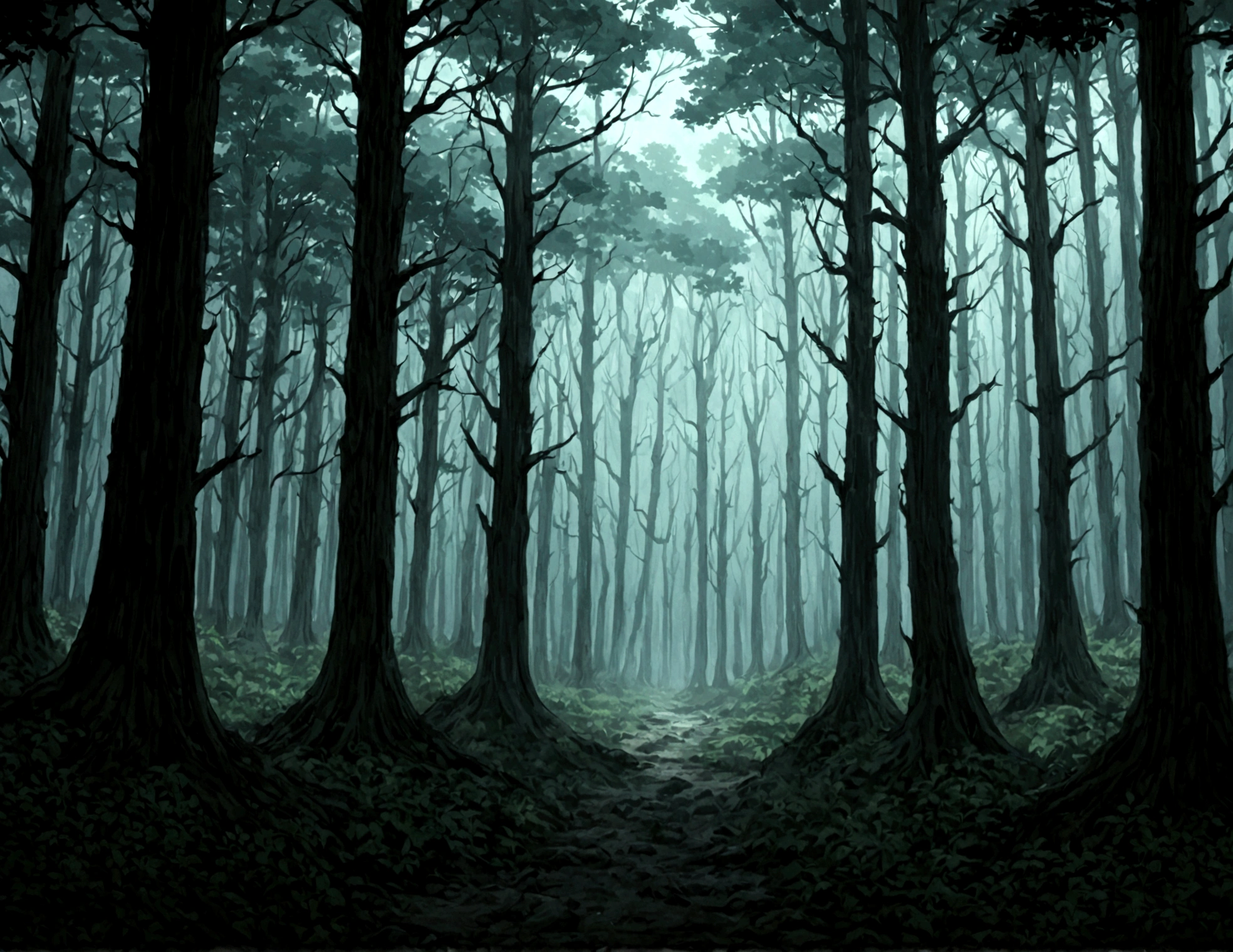 Dark style forest scene Japanese anime style