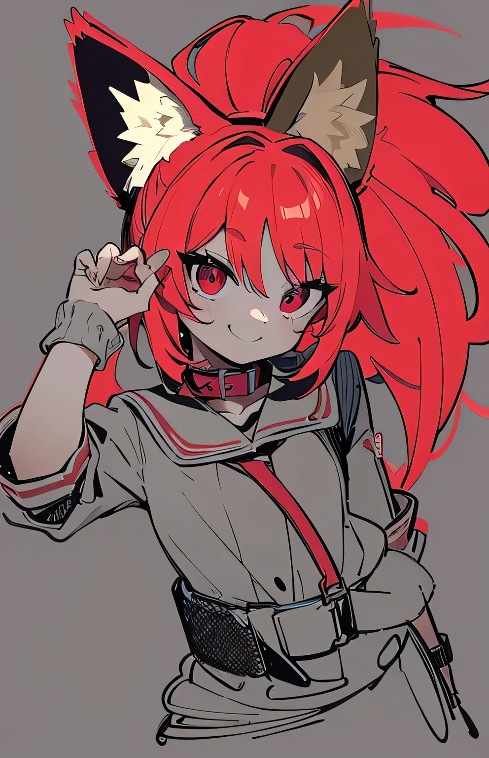 masterpiece, best quality, {{{masterpiece}}},vibrant hair, smiling,long red hair, fox ears, neon red hair, ponytail, big ponytail,  beautiful girl, red eyes, looking at viewer, looking at camera, outdoors, black collar,  small breasts, nimble figure, small stature, cute, curved bangs, fluffy ponytail, collar,  quality hands, fingers,