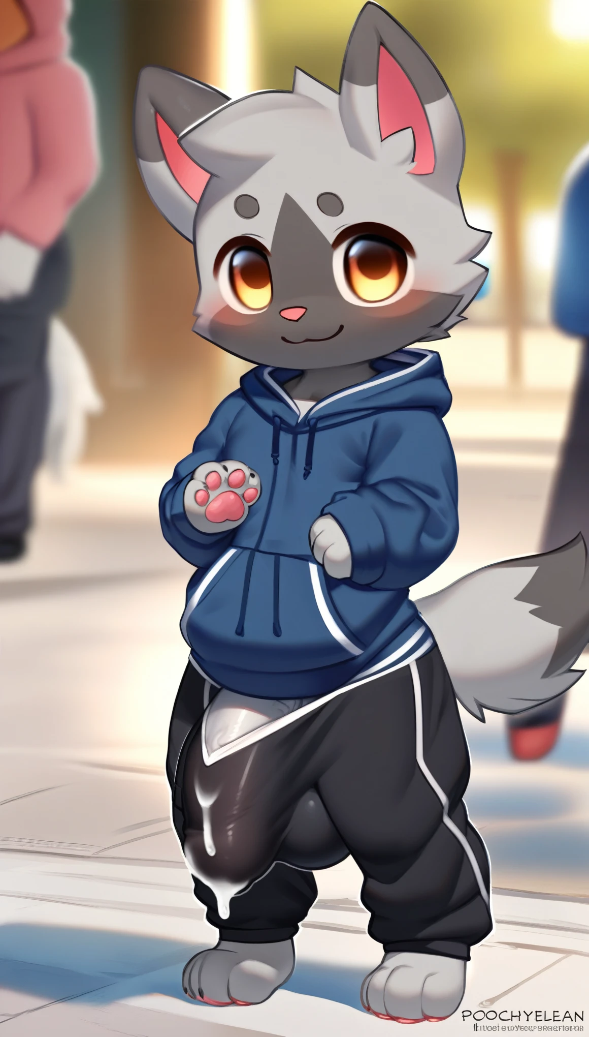 masterpiece, perfect digital art, cute, chibi, young wolf, poochyena, huge genital outline, excessive precum,  hoodie, sweatpants, (((huge erection under clothing))), huge bulge, ((detailed bulge)), in public, exhibitionism, cum through clothing, [hyper penis, hyper balls], paws