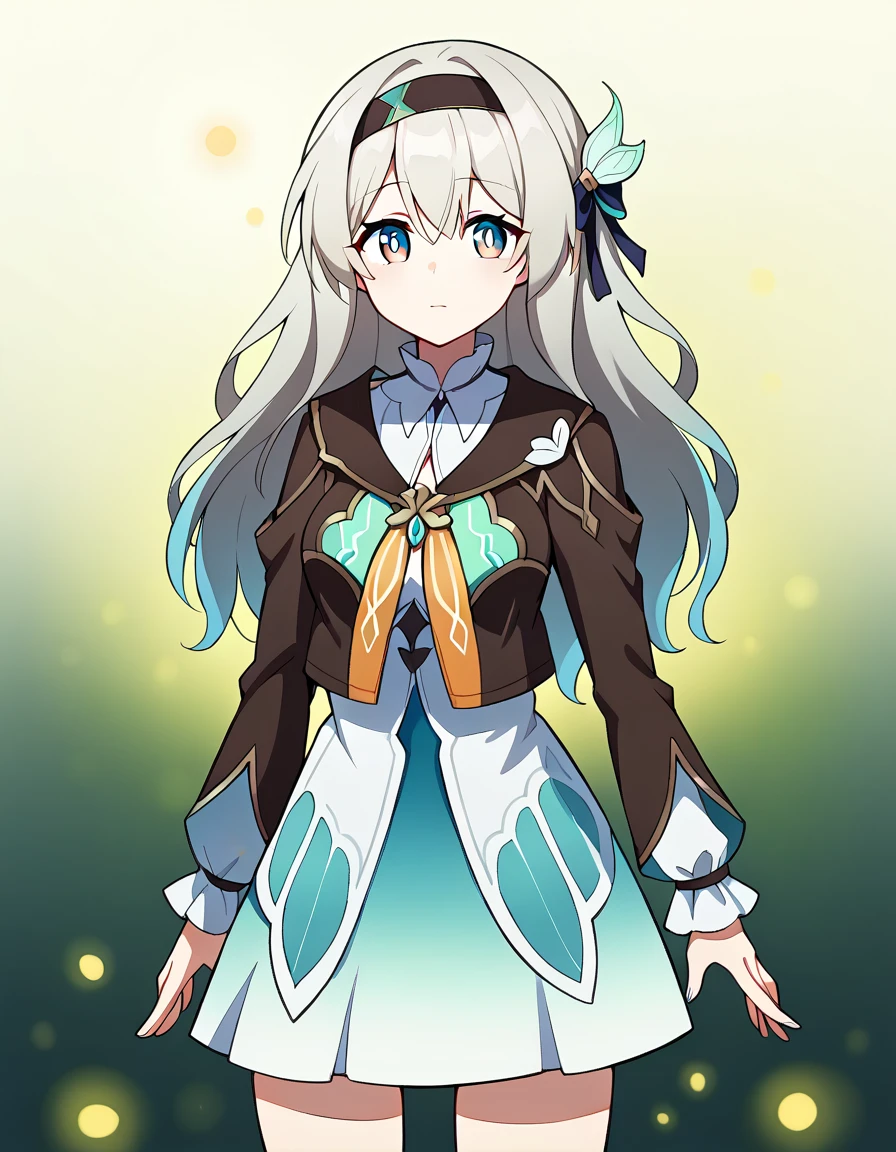 (1girl, solo, solo focus), firefly jacket, dress, grey and cyan gradient hair