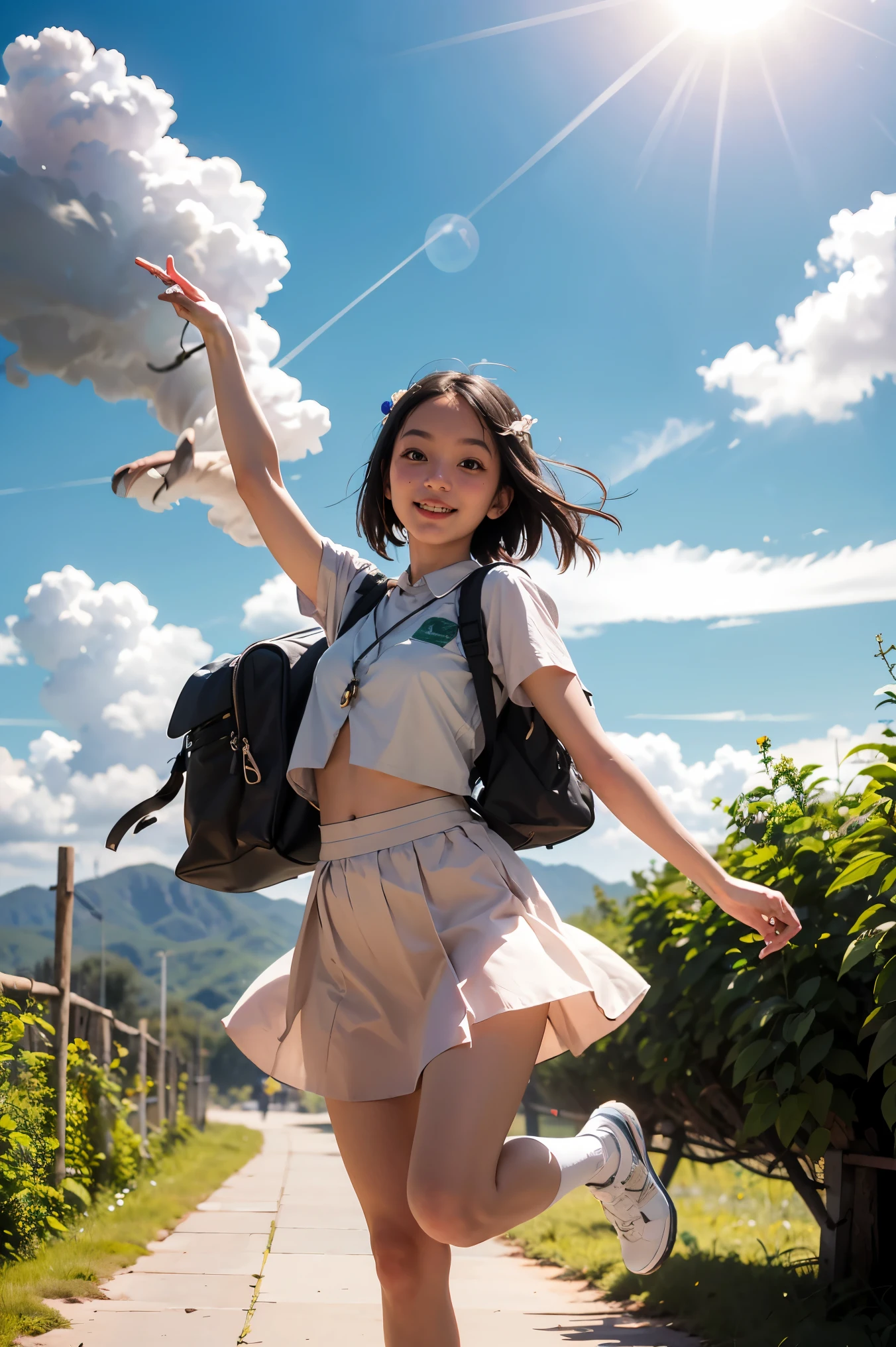 Photography of an adorable girl in modern attire, carrying a backpack, joyfully leaping and stepping on jade-colored auspicious clouds. Her entire body embodies the texture of jade, with hues of white and jade green, captured in a realistic photograph that showcases the fusion of human form and precious stone. The whimsical scene captures the girl's playful spirit as she dances above the clouds, blending the earthly with the ethereal in a visually enchanting composition