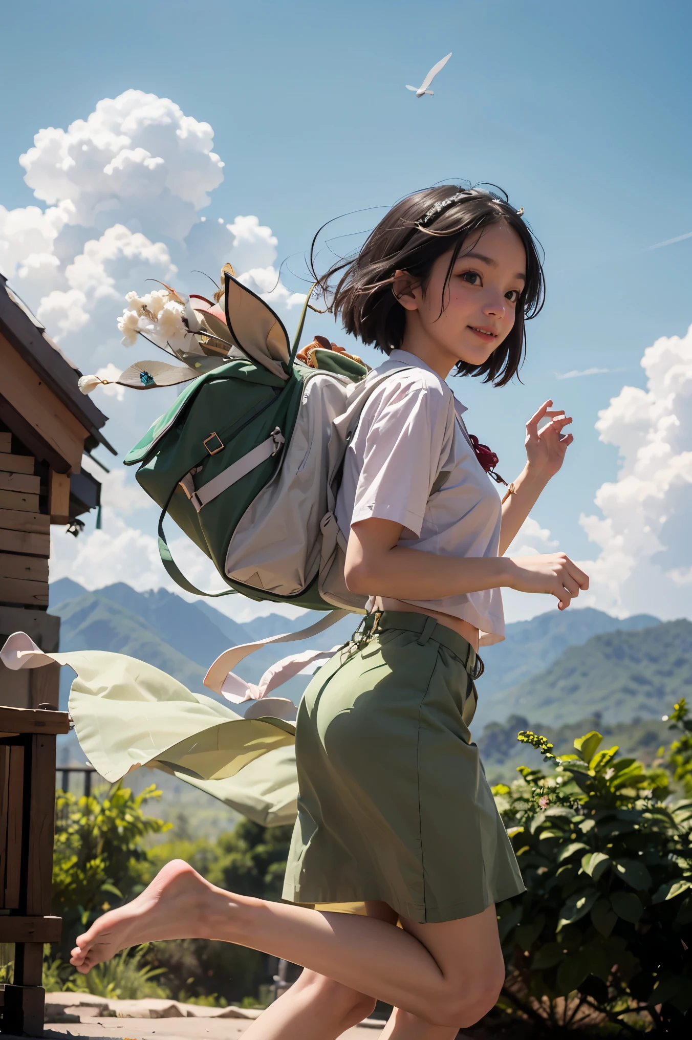 Photography of an adorable girl in modern attire, carrying a backpack, joyfully leaping and stepping on jade-colored auspicious clouds. Her entire body embodies the texture of jade, with hues of white and jade green, captured in a realistic photograph that showcases the fusion of human form and precious stone. The whimsical scene captures the girl's playful spirit as she dances above the clouds, blending the earthly with the ethereal in a visually enchanting composition